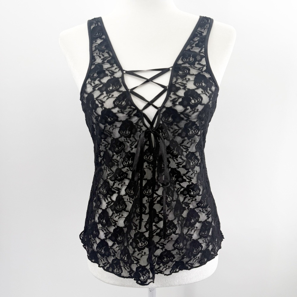 Vintage Y2K Lace-Up Sheer Floral Lace Top in Black Size‎ Large Witchy Whimsygoth